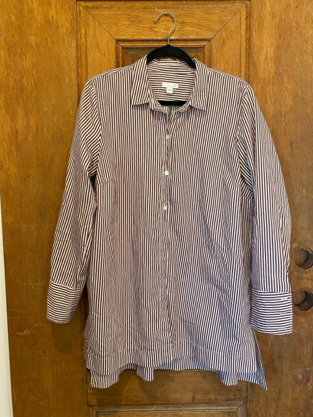 J. Jill striped button down tunic top shirt maroon white LARGE cotton silk